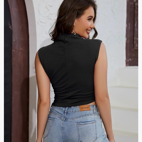 Black Solid Turtleneck Ruched Crop Tank Top High Collar - Picture 4 of 4